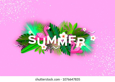 Pink Flamingo float. Tropical Summer Day.Summer holidays on pink. Palm leaves, plants, flowers frangipani - Plumeria. Paper cut art. Text