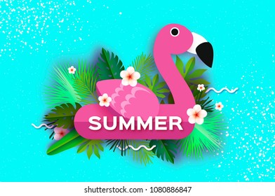 Pink Flamingo float. Tropical Summer Day.Summer holidays on sky blue. Palm leaves, plants, flowers frangipani - Plumeria. Paper cut art. Text.