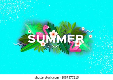 Pink Flamingo float. Tropical Summer Day.Summer holidays on sky blue. Palm leaves, plants, flowers frangipani - Plumeria. Paper cut art. Text.