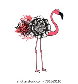 Pink flamingo with floral elements. Tropical bird with flowers. Vector illustration.