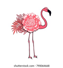 Pink flamingo with floral elements. Tropical bird with flowers. Vector illustration.
