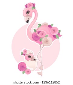 Pink flamingo with floral elements vector illustration