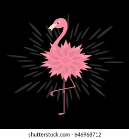 Pink flamingo. Pink flower body. Shining effect. Exotic tropical bird. Zoo animal collection. Cute cartoon character. Decoration element. Flat design. Black background. Isolated. Vector illustration