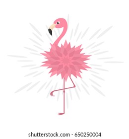 Pink flamingo. Pink flower body. Shining effect. Exotic tropical bird. Zoo animal collection. Cute cartoon character. Decoration element. Flat design. White background. Isolated. Vector illustration