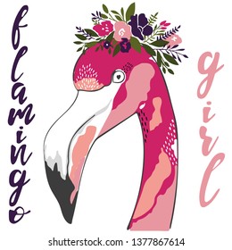 Pink flamingo in a flower wreath. Vector image.