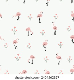 Pink flamingo with flowers. Cute kids print. Birds vector seamless pattern.