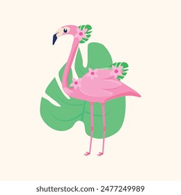 Pink flamingo with flowers on a green leaf background.