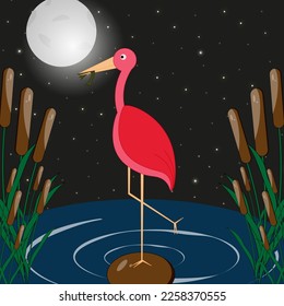 Pink flamingo with frog in the beak stands on one leg in a lake among reeds against the background of the night sky with stars and the moon. Tropical bird in the night. Image in asian style.