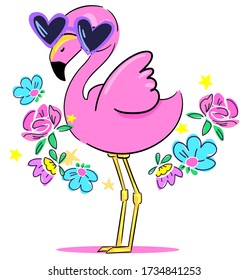 Pink flamingo with glasses and flowers. Design print. vector illustration