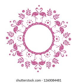 Pink Flamingo. Glitter Frame. Vector