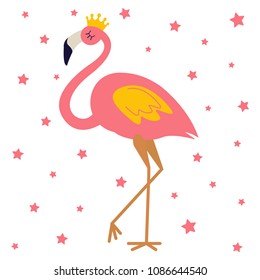 Pink flamingo with gold crown. Cute bird queen or princess vector illustration design