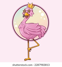 Pink flamingo with golden crown in round frame. Vector illustration.