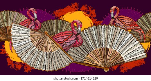 Pink flamingo, golden sun and colorful japan fan. Asian horizontal seamless pattern. Fashion oriental art. Japanese and Chinese style 