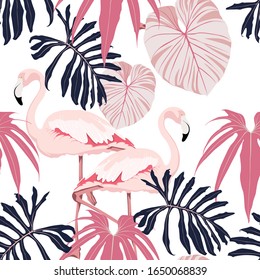 Flamingo rosa, hojas de palma rosas gráficas, fondo blanco.Vector floral sin fisuras. Ilustración tropical. Plantas exóticas, pájaros. Diseño de playa de verano. Naturaleza paraíso.