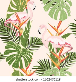 Pink flamingo, graphic palm leaves, light vintage background. Vector floral seamless pattern. Tropical illustration. Exotic plants, birds. Summer beach design. Paradise nature.