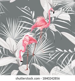 Pink flamingo, graphic palm leaves, ficus and palms, grey background. Floral seamless pattern. Tropical illustration. Exotic plants, birds. Summer beach design. Paradise nature.