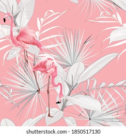 Flamingo rosa, hojas gráficas de palma, ficus y palmeras, fondo rosa. Patrón floral sin fisuras. Ilustración tropical. Plantas exóticas, pájaros. El diseño veraniego de la playa. Naturaleza paradisíaca.