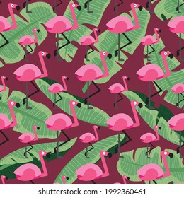 Pink flamingo with green banana leaves over dark maroon background. Vector pattern. Summer and beach vibes.