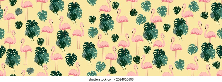 Flamingo rosa y hojas verdes, patrón sin costuras. 