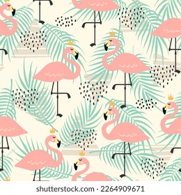 Pink flamingo with green tropical palm leaves on a beige pastel color seamless pattern background. Summer fabric print design.