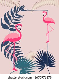Pink flamingo greeting card with leaves and rectangle frame. Vector