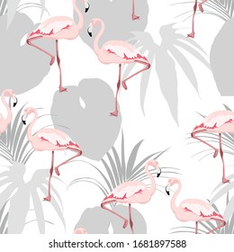 Pink flamingo, grey exotic leaves, vintage background. Floral seamless pattern. Tropical illustration. Exotic plants, birds. Summer beach design. Paradise nature.