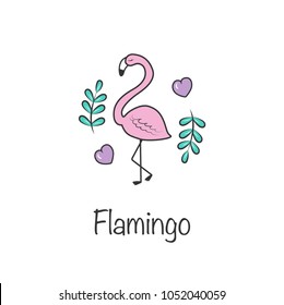 Pink flamingo, 
hearts and leaves, vector illustration isolated on white background. Be used as a sticker or log.