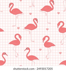 Pink flamingo and hearts seamless pattern. Vector illustration