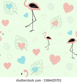 Pink flamingo with hearts standing on tropical leaves  seamless pattern. Saint Valentine day. 14 February. Love. Printing wallpaper. Pattern for décor and fabric. Vector illustration

