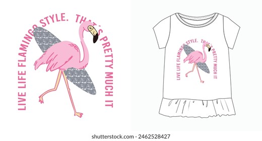 Pink flamingo holding a skateboard, Summer beach bird pink flamingo ready for skating, Exotic flamingo icon, Pink flamingo printed t shirt design, Summer bird in beach graphic tee illustration vector.