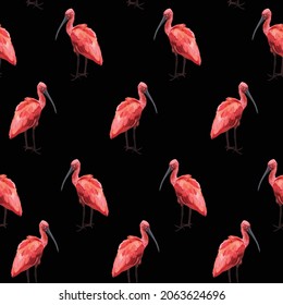 Pink flamingo, Ibis bird, black background. Floral seamless pattern. Tropical illustration. Exotic plants, birds. Summer beach design. Paradise nature.