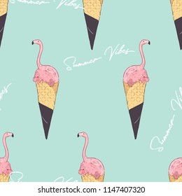 Pink flamingo. Ice cream cone. Summer Vibes seamless pattern vector.