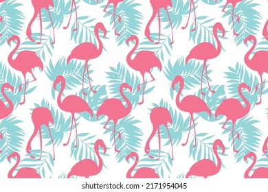 Pink flamingo illustration, abstract floral elements, eamless pattern