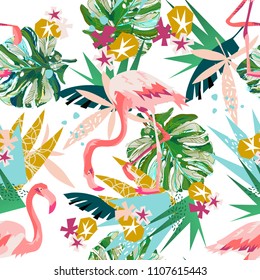 Pink flamingo illustration isolated on white background.Abstract floral elements paper collagePink flamingo illustration isolated on white background.Seamless pattern