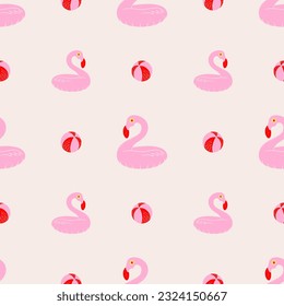 Pink flamingo inflatable ring and balls seamless pattern. Hand drawn textured lino cut style summer illustrations backdrop.