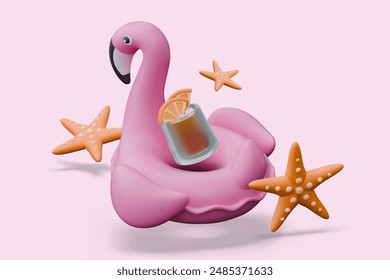 Pink flamingo inflatable ring, drink in glass with citrus, starfish. Rest on beach