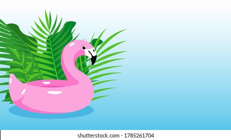 Pink flamingo, inflatable ring. Rubber swimming ring on water. Flamingo swim tube in water with decorative plants behind. Modern vector illustration