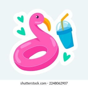 Pink flamingo inflatable rubber ring and cold drink. Summer vacation. Vector illustration in cartoon sticker design