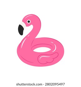 Pink flamingo inflatable swim ring with long neck. Exotic bird shaped rubber pool float for summer holiday isolated on white background. Lifesaver donut tube top view.
