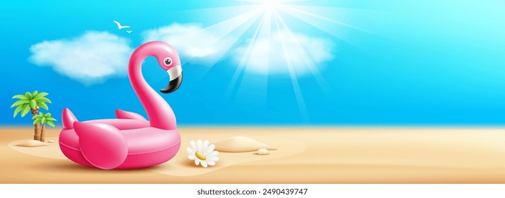 Pink flamingo inflatable swimming pool ring float, coconut tree, summer on sand beach banner design on cloud and sky blue background, eps 10 vector illustration
