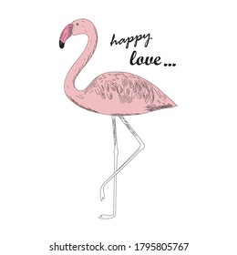Pink flamingo isolated on white background and text "happy love". vector illustration.