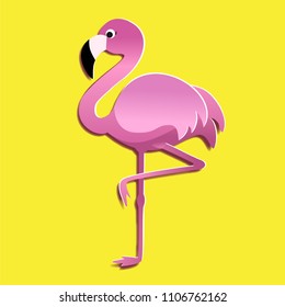 Pink flamingo isolated on yellow background. Vector illustration. Cut out of paper style. Design element for birthday cards, party invitations. 