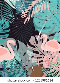 Pink flamingo, jungle background, tropical leaves, vector hand drawn watercolor illustration