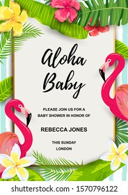 Pink flamingo with jungle leaves, flowers, tropical party invitation. Place for text. Great for flyer, baby shower invitation, wedding, poster.