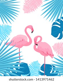 Pink flamingo. Leaves of palm, monstera, fern. Summer tropical poster.