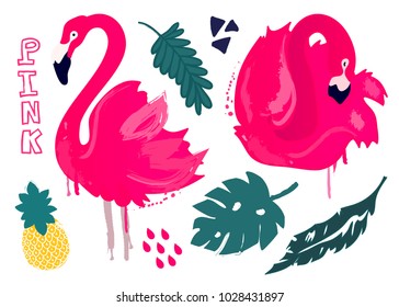 Pink flamingo, leaves and pineapple. Hand drawn vector set. All elements are isolated