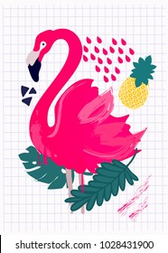 Pink flamingo, leaves and pineapple. Hand drawn vector illustration