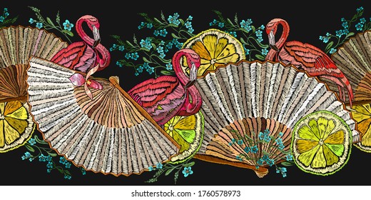 Pink flamingo, lemon slice, meadow flowers and japan fan. Asian horizontal seamless pattern. Fashion oriental art. Oriental style. Japanese and Chinese art. Spring background 