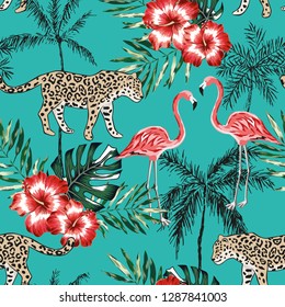 Pink flamingo, leopard, palm trees, red hibiscus flowers, turquoise background. Vector seamless pattern. Tropical illustration. Exotic animals and birds. Summer beach design. Paradise nature