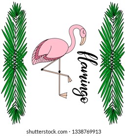 Pink flamingo lettering vector illustration with green tropical leaves. Template for summer sale banner, party invitation card, poster, feminine print with exotic bird and jungle palm tree leaf. EPS10